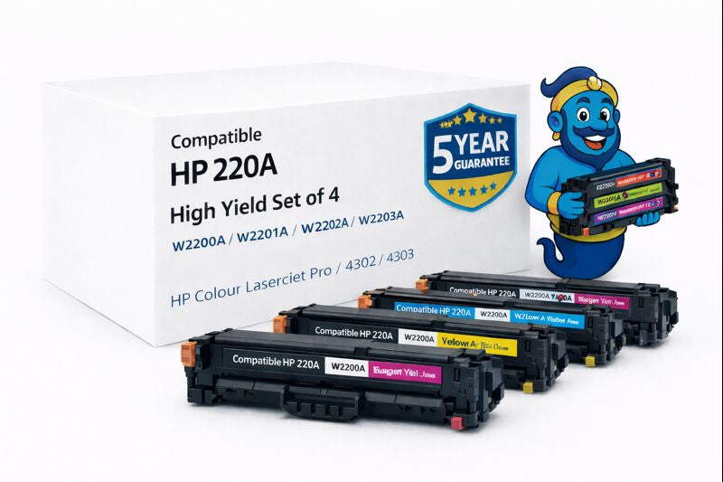 Compatible HP 220A Toner Multipack W2200A W2201A W2202A W2203A with 5 Year Warranty and Printer Genie mascot.
