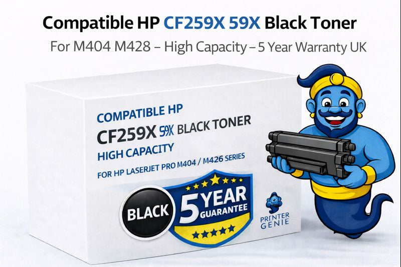 Printer Genie compatible HP CF259X 59X high capacity black toner for HP LaserJet Pro M404 and M428 series with 5-year warranty badge and mascot.