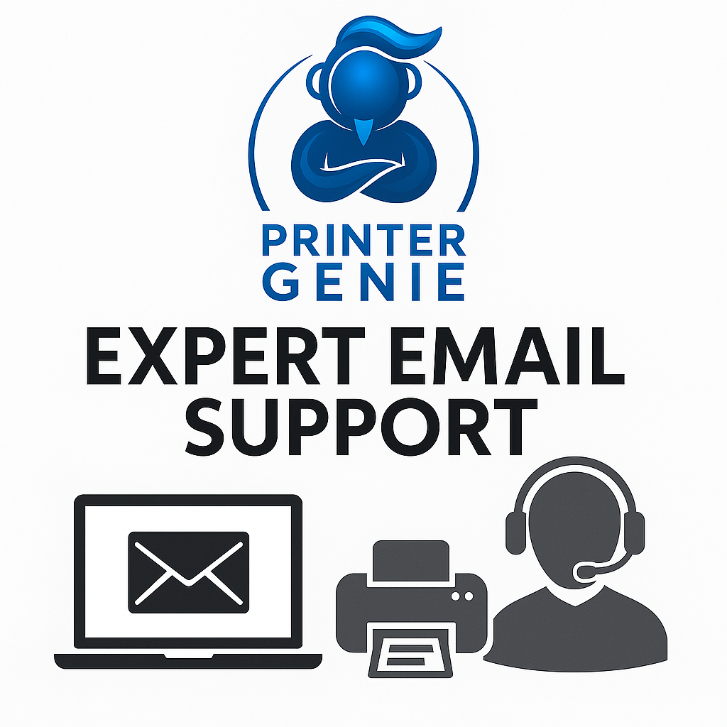 Printer Genie Expert Email Support – digital printer troubleshooting and installation guidance service with brand logo and email icon on white background.