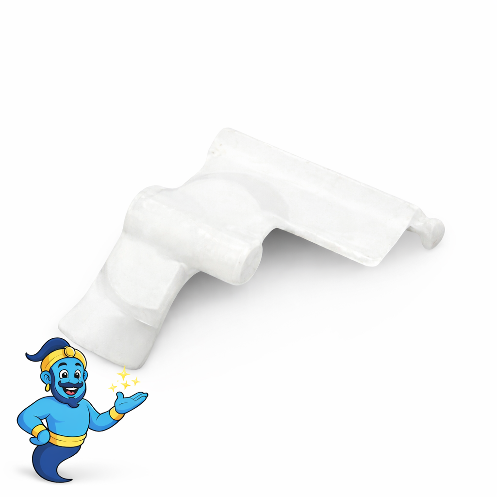 A white Brother LY2579001 feeder cam lever on a white background, with a small blue genie mascot with sparkles in the bottom left corner.