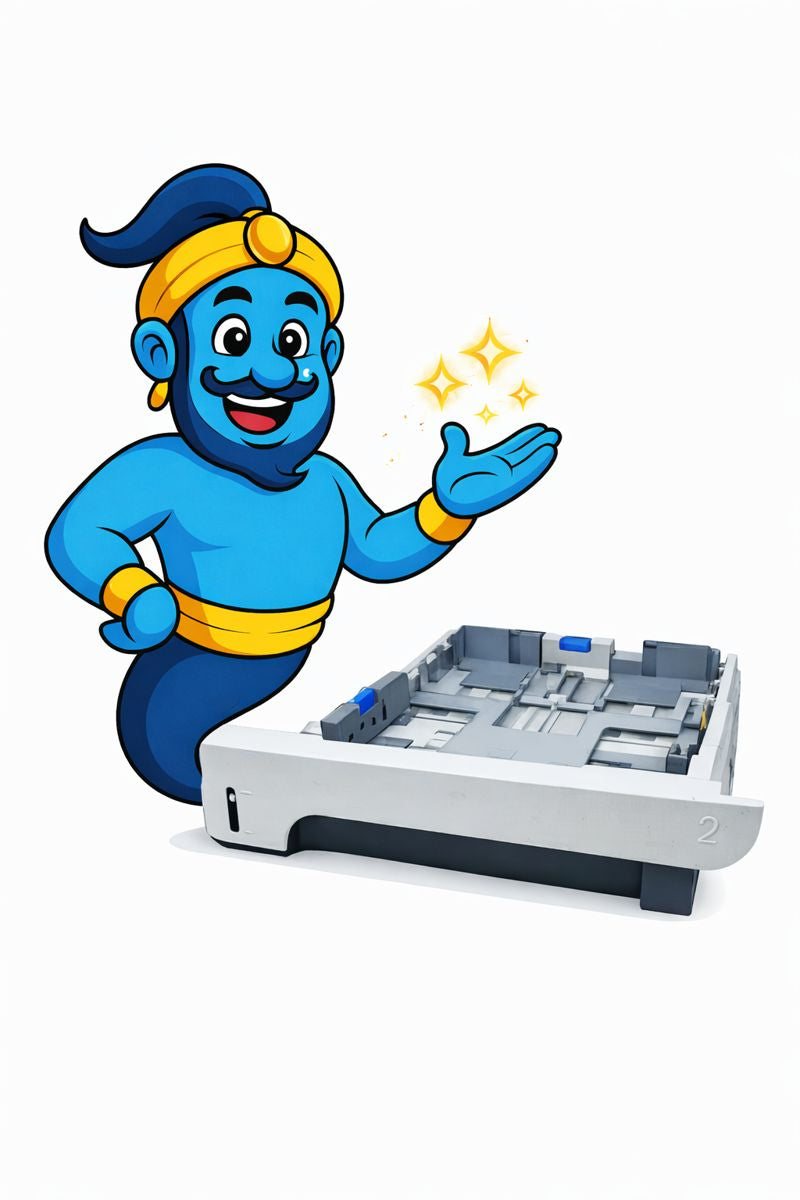 Printer Genie mascot with sparkles standing next to HP LaserJet paper tray on white background