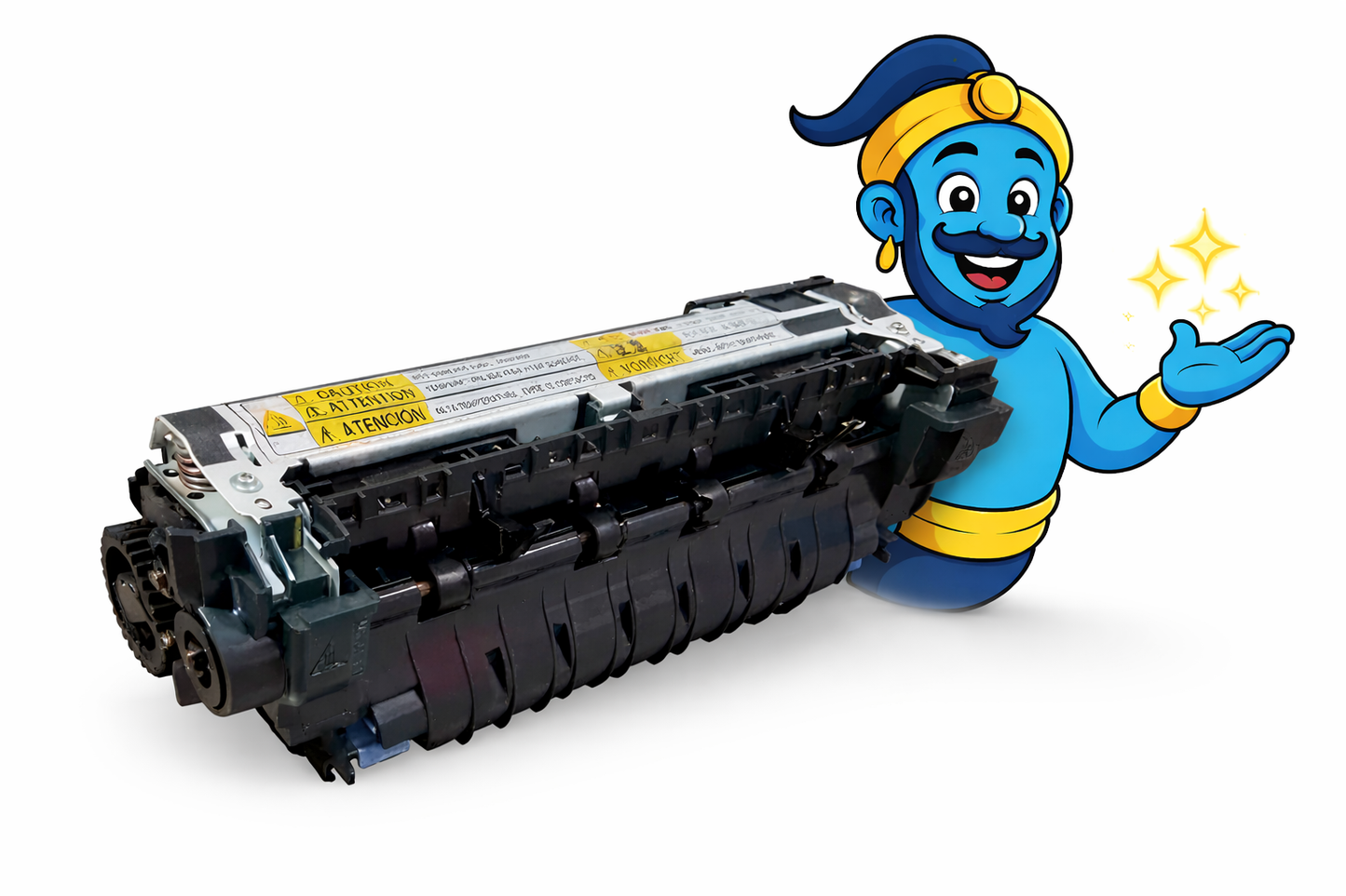 Refurbished OEM HP LaserJet Enterprise M600 M601 M602 M603 fuser unit RM1-8396 CE988-67915 with Printer Genie mascot behind product on white background