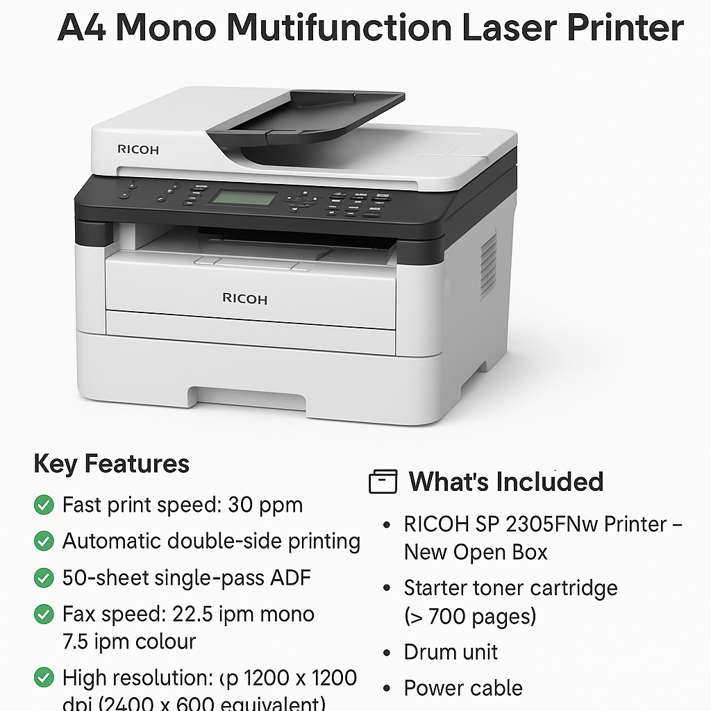 Ricoh SP230SFNw A4 Mono Laser MFP – 30ppm, Duplex, Wi-Fi, Includes Toner and Drum – New Open Box