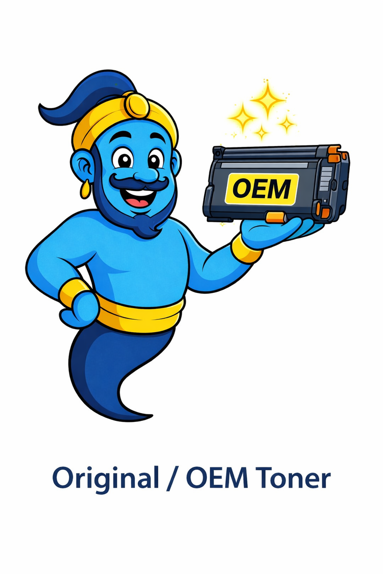 Printer Genie mascot presenting an original OEM toner cartridge, representing genuine manufacturer toner supplies