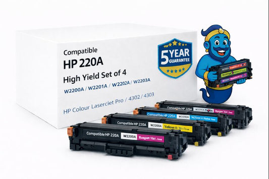 Compatible HP 220A Toner Multipack W2200A W2201A W2202A W2203A with 5 Year Warranty and Printer Genie mascot.