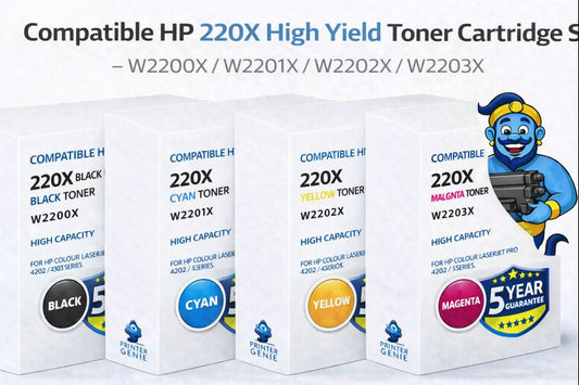 Printer Genie compatible HP 220X toner cartridge set W2200X W2201X W2202X W2203X for HP Colour LaserJet Pro 4202, 4302 and 4303 printers with 5-year warranty badge and mascot.
