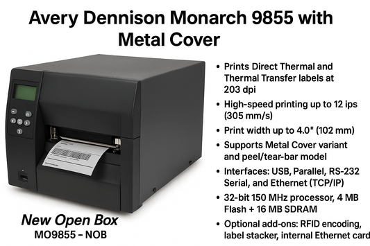 Avery Dennison Monarch 9855 Label Printer – 203dpi, Metal Cover, Thermal Transfer, Ethernet – New Open Box