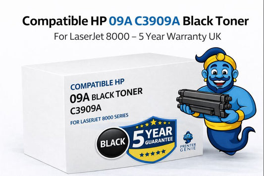 Compatible HP 09A C3909A black toner cartridge box with Printer Genie mascot and 5-year warranty badge.