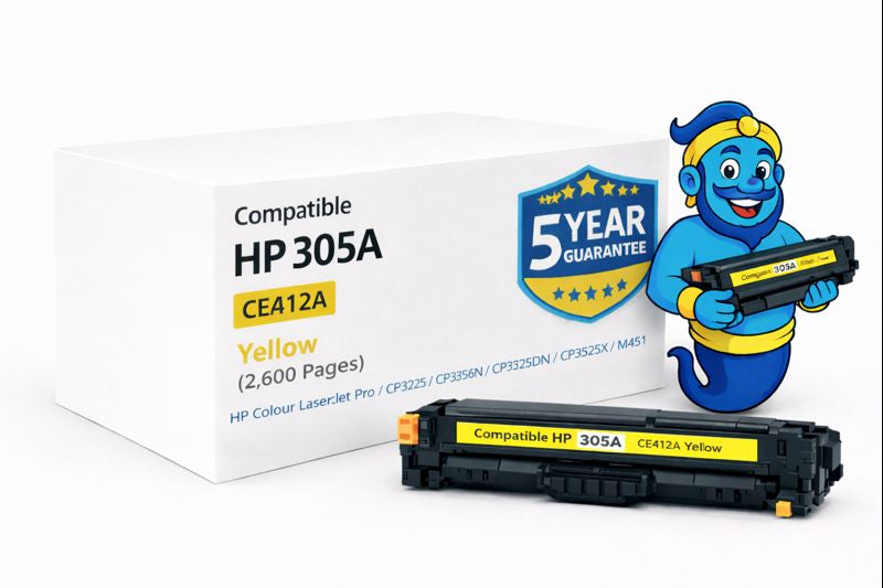 Compatible HP 305A Yellow Toner Cartridge CE412A with 5 Year Warranty box and Printer Genie mascot.