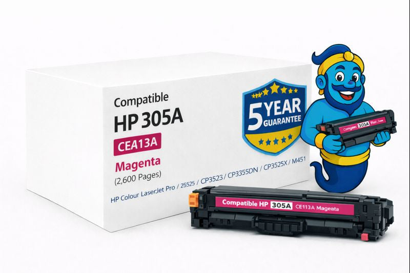 Compatible HP 305A Magenta Toner Cartridge CE413A with 5 Year Warranty box and Printer Genie mascot.