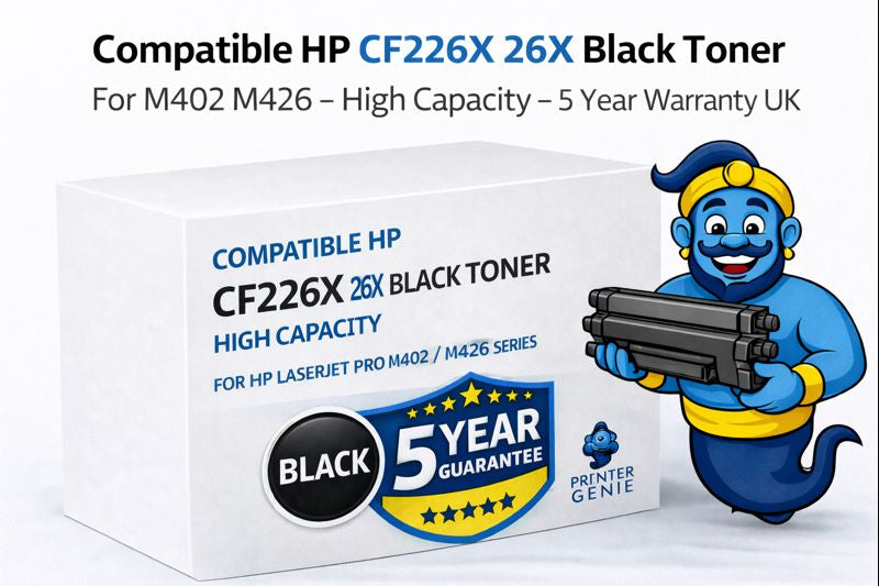 Printer Genie compatible HP CF226X 26X high capacity black toner for LaserJet Pro M402 and M426 series with 5-year warranty badge and mascot.