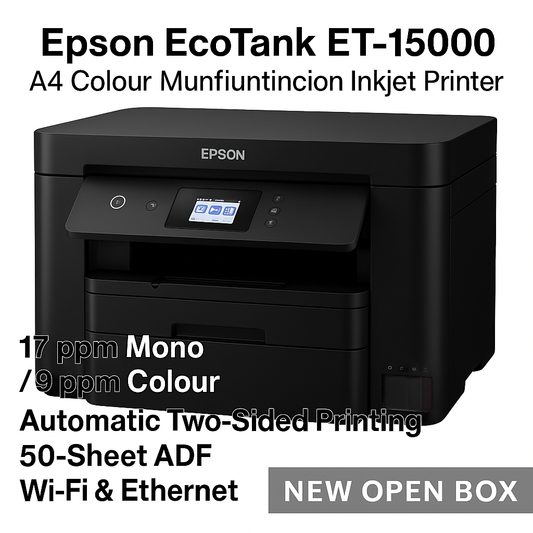 Epson EcoTank ET-15000 Black Inkjet Printer – A3+ Colour Print, Copy, Scan, Fax – 17ppm Mono, 50-Sheet ADF, Duplex, Wi-Fi, Ethernet – New Open Box
