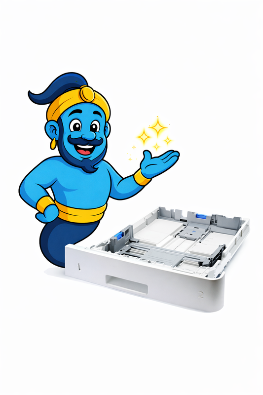 Blue Printer Genie mascot with sparkles standing next to refurbished HP paper tray RM1-5392 on a white background