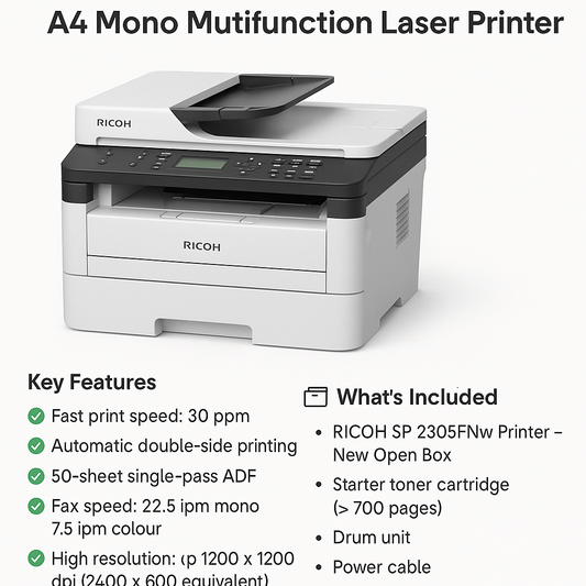 Ricoh SP230SFNw A4 Mono Laser MFP – 30ppm, Duplex, Wi-Fi, Includes Toner and Drum – New Open Box