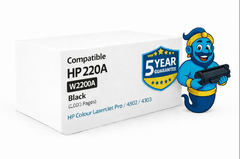 Compatible HP 220A Black Toner Cartridge W2200A with 5 Year Warranty box and Printer Genie mascot
