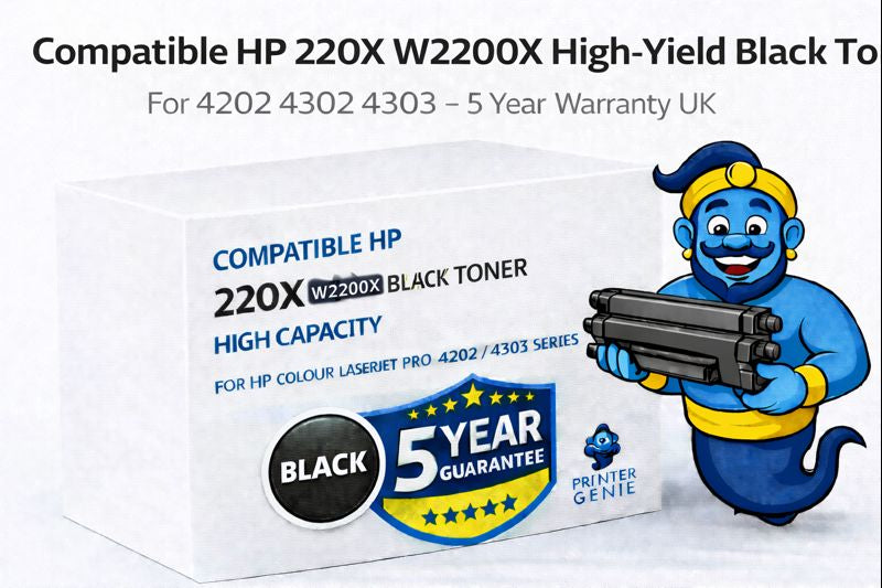 Printer Genie compatible HP 220X W2200X high-yield black toner for HP Colour LaserJet Pro 4202, 4302 and 4303 with 5-year warranty badge and mascot