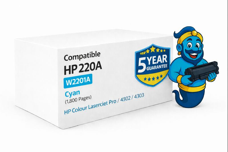 Compatible HP 220A Cyan Toner Cartridge W2201A with 5 Year Warranty box and Printer Genie mascot.