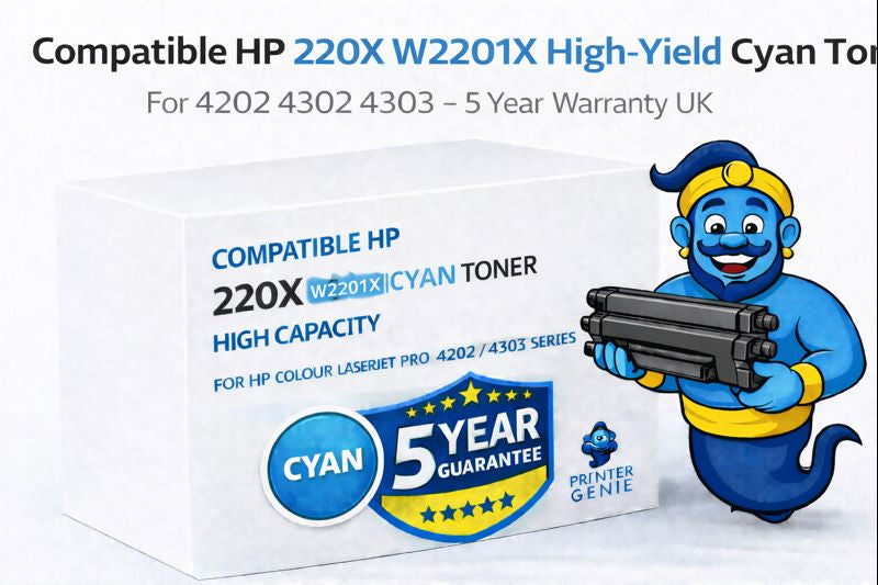 Printer Genie compatible HP 220X W2201X high-yield cyan toner for HP Colour LaserJet Pro 4202, 4302 and 4303 with 5-year warranty badge and mascot