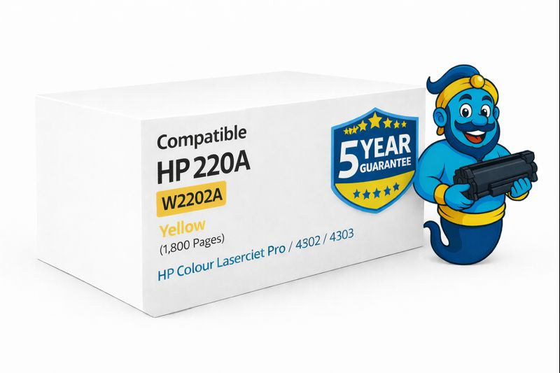 Compatible HP 220A Yellow Toner Cartridge W2202A with 5 Year Warranty box and Printer Genie mascot.