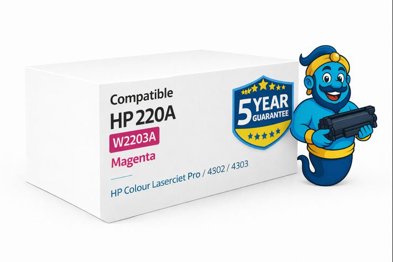 Compatible HP 220A Magenta Toner Cartridge W2203A with 5 Year Warranty box and Printer Genie mascot