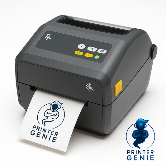 Zebra ZD421D Label Printer with Printer Genie logo printed on label – Direct Thermal, 203 dpi, New Open Box
